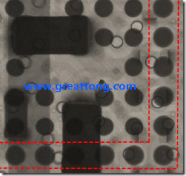 BGA錫球尺寸小于0.4mm，采用降低BGA內(nèi)圍襲球的錫膏量所得到X-Ray，稍微留意一下可以發(fā)現(xiàn)最外圈的錫量(圓的直徑)比其他內(nèi)圍的錫球上的錫量來(lái)得多一點(diǎn)點(diǎn)。也就是外圈的黑色圓形直徑比內(nèi)圈的圓形來(lái)得大一點(diǎn)點(diǎn)。