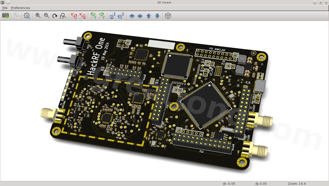 經(jīng)KiCad軟體3D功能渲染過的HackRF One電路板。