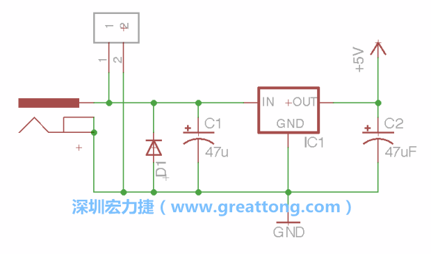 2.5.    新增一個二極體，它會以水平的狀態(tài)出現(xiàn)在屏幕上，請使用「旋轉(zhuǎn)（Rotate）」工具把它負(fù)極那一面朝上，并且用「網(wǎng)絡(luò)連接」工具將它連接在電壓調(diào)整器的輸入端和接地端之間。
