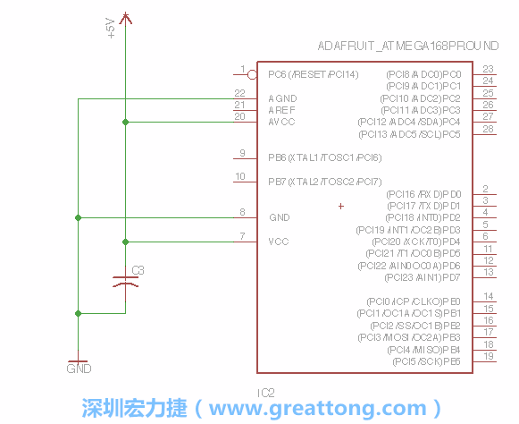 3.1.    新增微控制器晶片（RBBB → ATmega），把它放在電路原理圖的中央附近，把它的兩個接地接頭連接到接地訊號端。