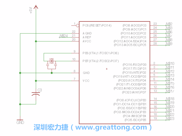 3.3.    將共鳴器（resonator）放置在針腳9和針腳10附近，將它的三個針腳連接如圖所示，并確認(rèn)最中間的針腳有連到接地端。
