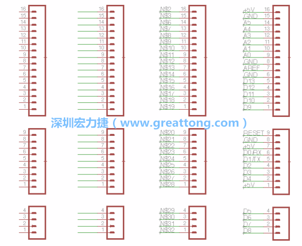 3.5.    你會發(fā)現(xiàn)EAGLE會給每條信號線都內(nèi)建一個標(biāo)簽，例如：N$2。現(xiàn)在請使用「命名（Name）」工具來為這些信號線重新命名，并使它們符合ATmega的針腳名稱。