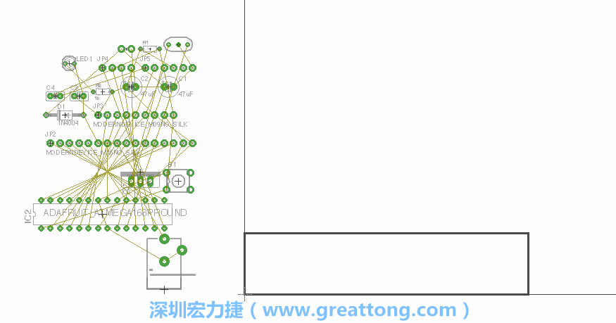 第一次執(zhí)行布線編輯器時(shí)，你會(huì)發(fā)現(xiàn)有兩個(gè)區(qū)塊，左邊的區(qū)塊非?；靵y，而右邊的區(qū)塊則是一個(gè)長(zhǎng)方形的工作區(qū)域，EAGLE免費(fèi)版會(huì)限制你的工作區(qū)域在4” x 3.2”的范圍內(nèi)，如果你試圖將元件擺放在工作區(qū)外的話，就會(huì)跳出警示訊息。