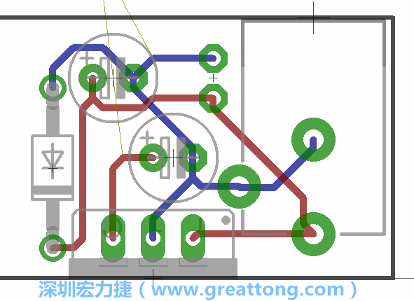 接地連結(jié)點(diǎn)的布線情形如下圖所示，利用這個(gè)練習(xí)來(lái)避免電路連線銳角化的產(chǎn)生是一個(gè)不錯(cuò)的選擇，你可以在工具列中的彎曲線路（Wire Bend）選項(xiàng)里改變各種布線的變化。