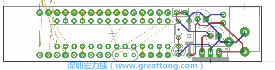 將ATmega微控制器、三個(gè)GPIO排針（JP2, JP3, JP4）和諧振器（resonator）排置如上圖所示。