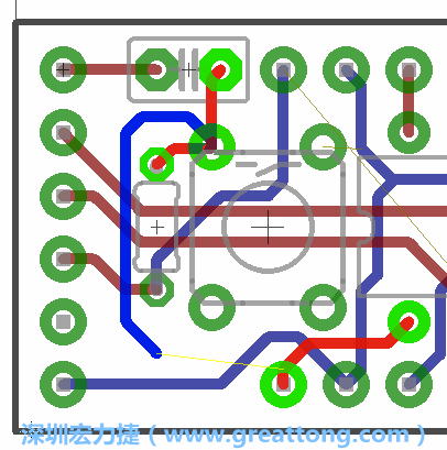 要在電路板正面進(jìn)行+5V信號(hào)線連結(jié)和其他連結(jié)點(diǎn)的布線工作是非常容易的，而重置信號(hào)線（信號(hào)線用來(lái)連結(jié)電路板正面左邊的重置開(kāi)關(guān)）需要經(jīng)過(guò)一個(gè)可以通過(guò)電路板正反兩面的電路通道，這個(gè)通道是一個(gè)可以讓電路板正反兩面線路連接的一個(gè)小孔。
