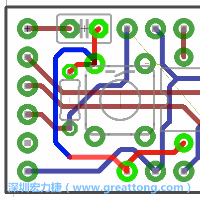 為了要?jiǎng)?chuàng)造一個(gè)電路通道，首先要先點(diǎn)擊重置開(kāi)關(guān)的連結(jié)點(diǎn)進(jìn)行布線，在電路板的背面繪制線路直到其它線路前的乾淨(jìng)區(qū)域。