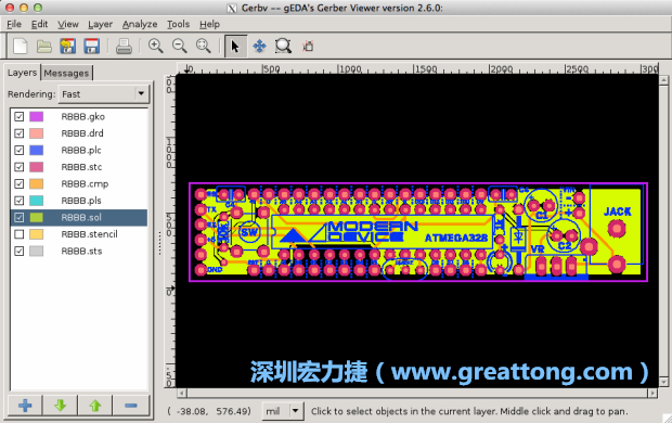 將圖層匯入你的Gerber預(yù)覽工具內(nèi)（下圖為Gerbv），我通常會從上到下重新排列它們的順序，好讓我比較好校對：