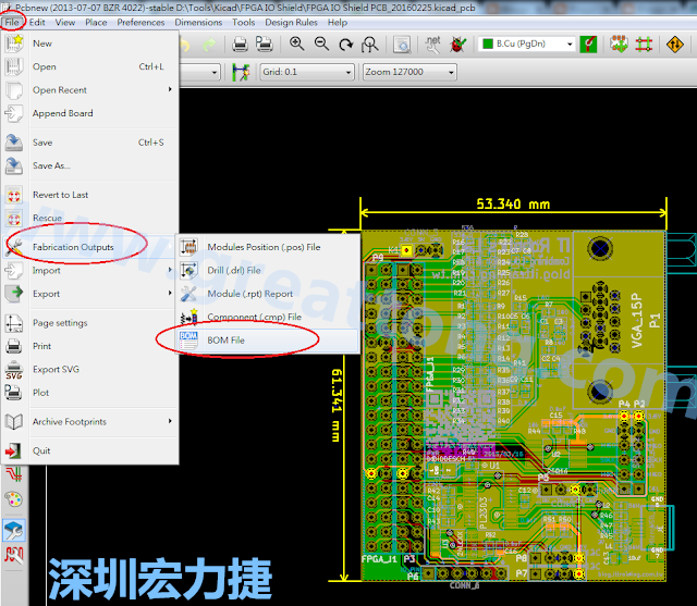 在Kicad的PCB Editor, 點(diǎn)選 File->Fabrication Outputs->BOM File, 即可產(chǎn)生一個(gè) .csv 的Excel 檔案。