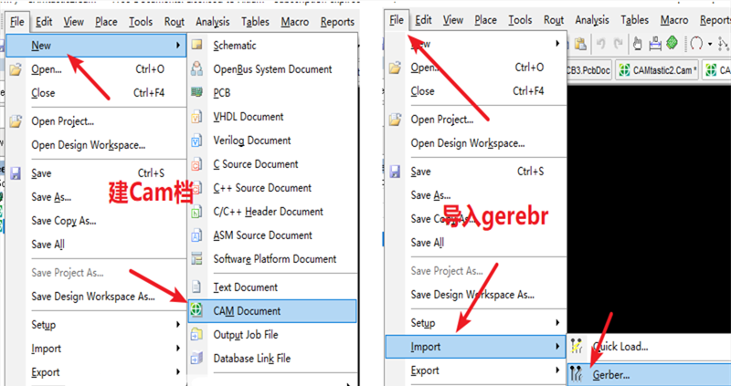 在File下新建 Cam檔，建后再File下導(dǎo)入Gerber文件，選擇所有文件導(dǎo)入gerber。